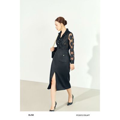 Đầm ren đen hoa nổi phối dạ tweed thiết kế Elise FF2307217DILAPT