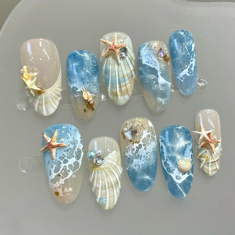 30 Chiếc 3D Stereo Press On Nails, Beach Wave Star Shell Pattern Luxury 3D Gel Nails, Hiện Đại Chống