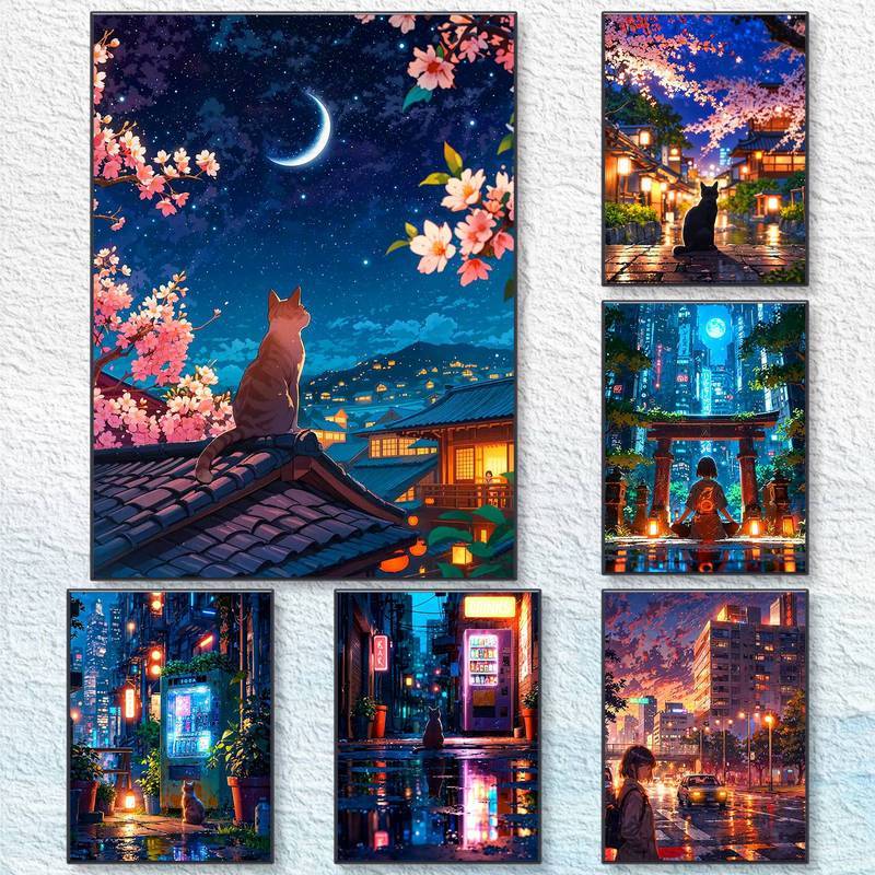 Cyberpunk City Night View Wall Art Frameless Canvas Chống Thấm Nước Trang Trí Phòng Ngủ