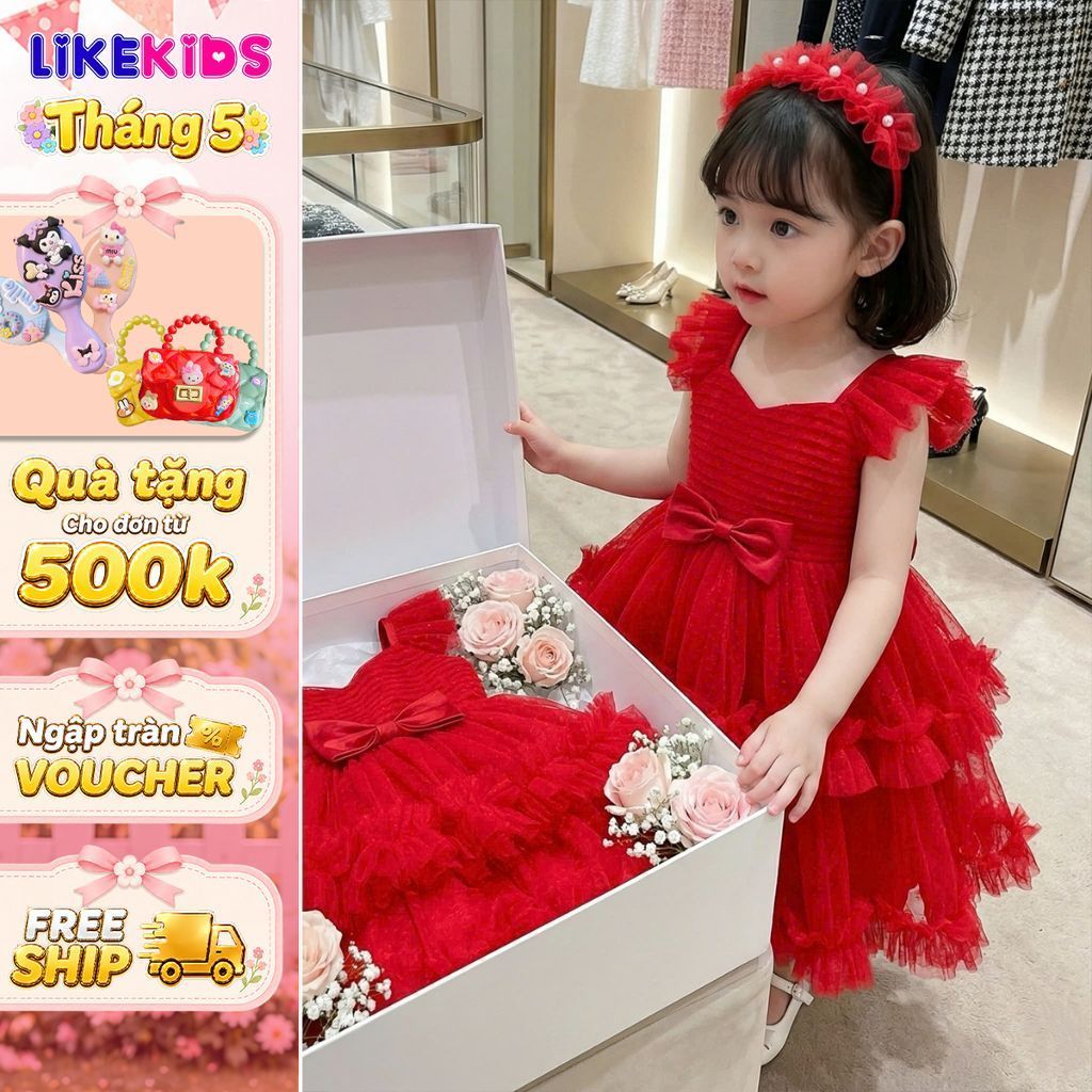 Đầm công chúa bé gái đỏ tầng xoè bồng sang trọng, tay cánh tiên phối nơ eo kèm băng đô MH28D69 - Lik