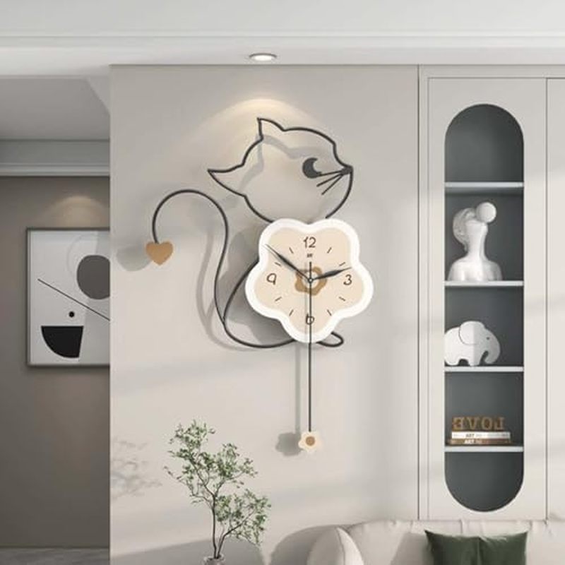 Living Room Wall Clock Modern Wall Clock with Cat Design and Silent Pendulum Operation for Living Ro