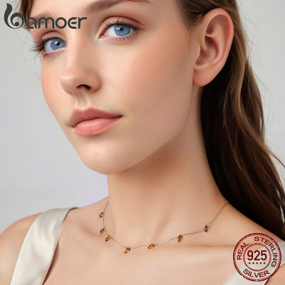 Bamoer 925 Sterling Sliver Vòng Cổ Hổ Phách Tua Rua Thiết Kế Trang Sức Thời Trang Quà Tặng Cho Nữ