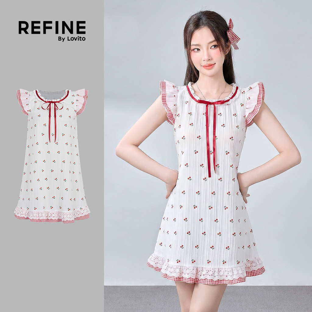 (Refine by Lovito) Đầm đỏ xuân/hè dễ thương nơ họa tiết cho nữ LR35A206