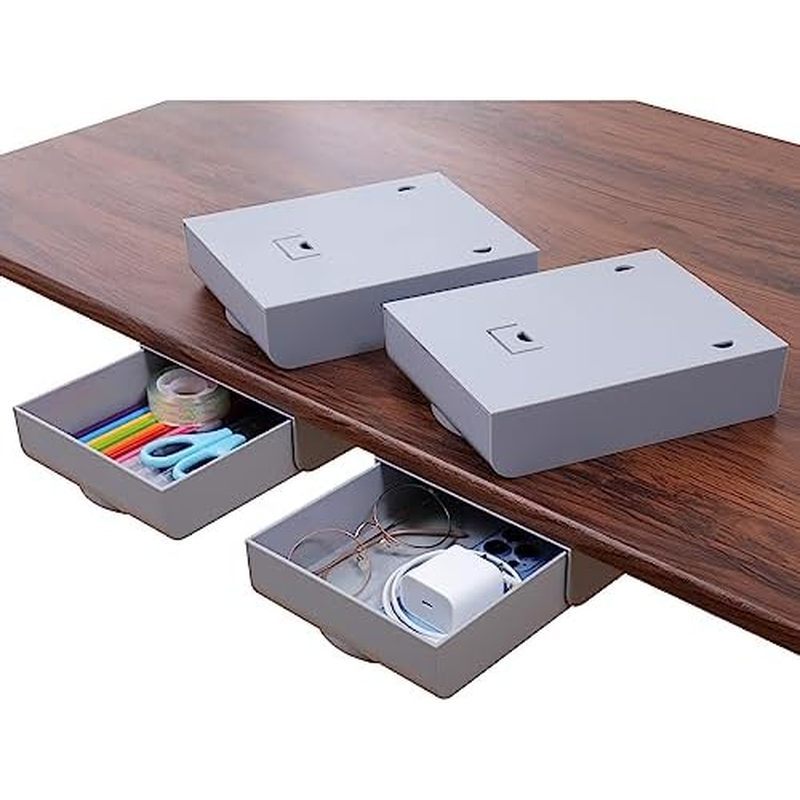 2 Pack Under Desk Drawer Self-Adhesive Desktop Storage Organizer, Hidden Attachable Slide Out Desk D