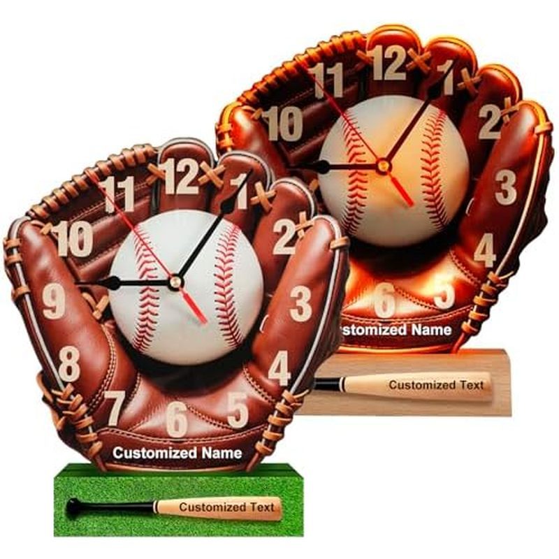 Customizable Name Baseball Glove Design Wall Clock, 10-12 in,7-Color Led Light,Acrylic Material,Batt