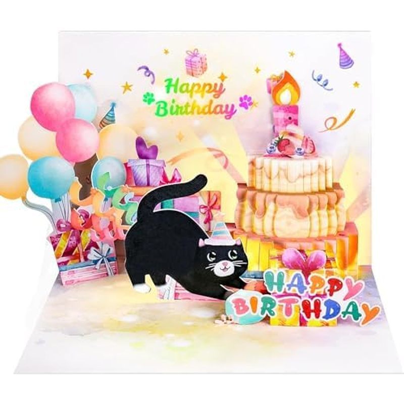 C & LIGHTS & BLOWABLE CANDLE Funny Pop up Happy Birthday Card, Birthday Gifts for Women Men Cat Love