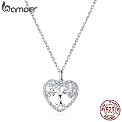 Dây Chuyền Bamoer Bạc 925 BSN176 Mặt Hình Trái Tim Phối Cây Chạm Khắc Thời Trang Xinh Xắn Cho Nữ