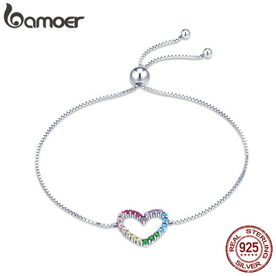 Vòng Tay Bamoer SCB216 100% Bạc 925 Với Mặt Dây Hình Trái Tim Màu Cầu Vồng Có Thể Điều Chỉnh Dành Cho Nữ