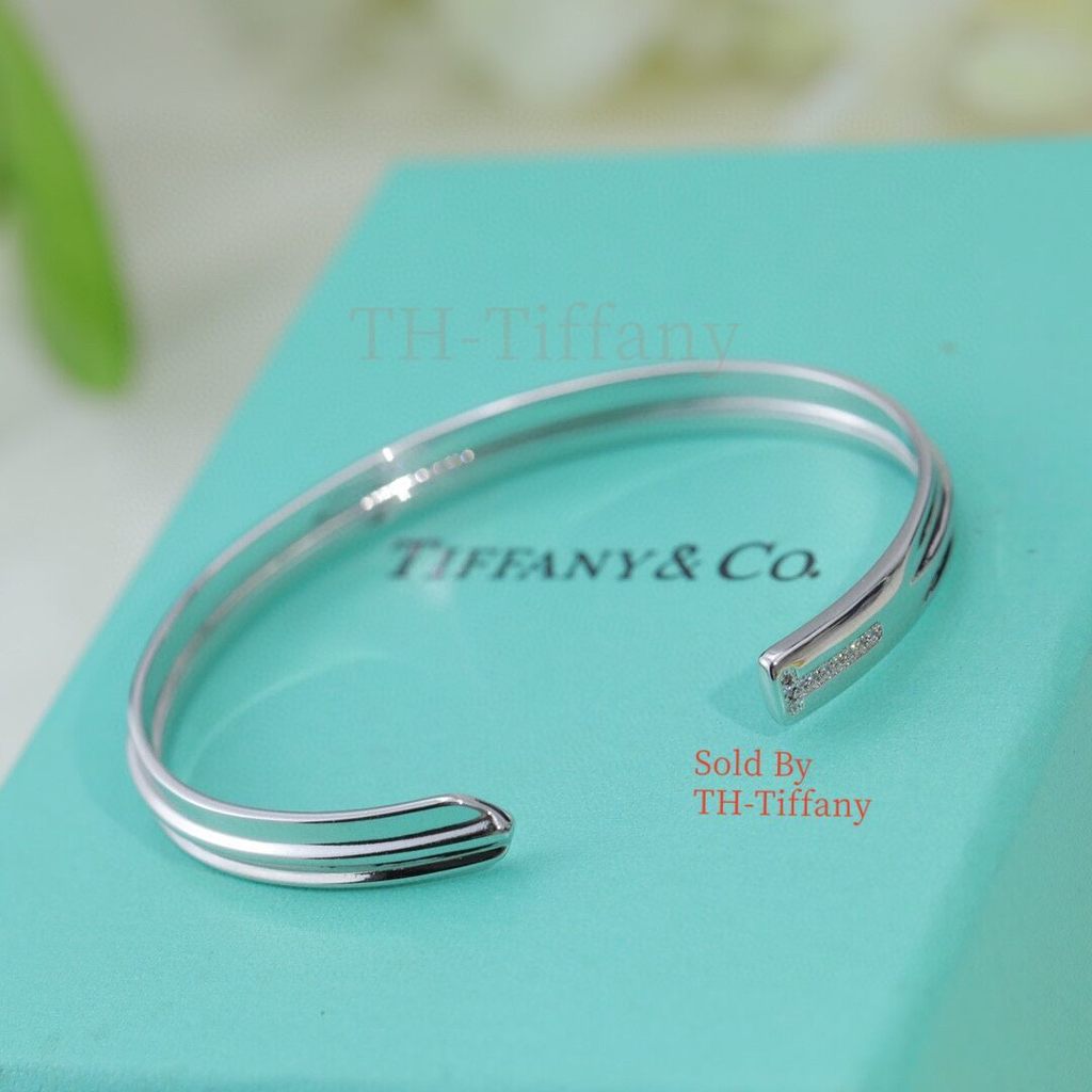 Tiffany Co Jewellery T-Cuff Sterling Silver Bangle Bracelet - 18K White Gold with Sparkling Diamond 