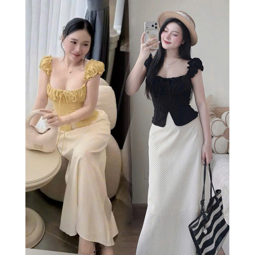 Set Áo Kiểu Day Rút Kèm Chân Váy Bút Chì BY7230 Thời Trang Nữ Đi Biển Chất Ren Đi Chơi Đều Xinh Dáng