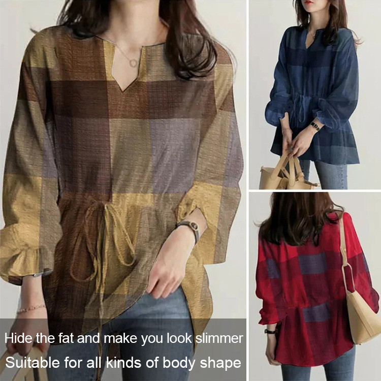 [Stylish Office Wear] Checkered Women's Sleeved Shirt Ideal for Work/Muslim Plaid Blouse/Loose Fit T