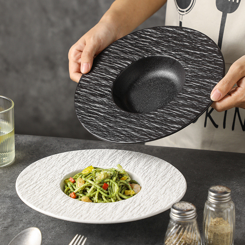 Mũ Rơm Đĩa Gốm Đĩa Sâu Salad Pasta Cảm Thấy Phong Cách Nhật Bản Rock Phương Tây Đĩa Thực Phẩm Pasta 
