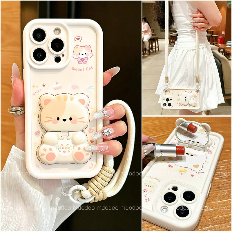 Cute Bear Cat Mirror Stand ốp lưng For infinix Smart 8 7 5 2020 Plus 6 HD Note 30 12 2023 G96 VIP Ho