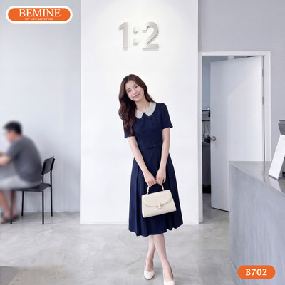 Đầm thiết kế BEMINE cổ sen đính cườm dáng chữ A phù hợp đi làm-B702