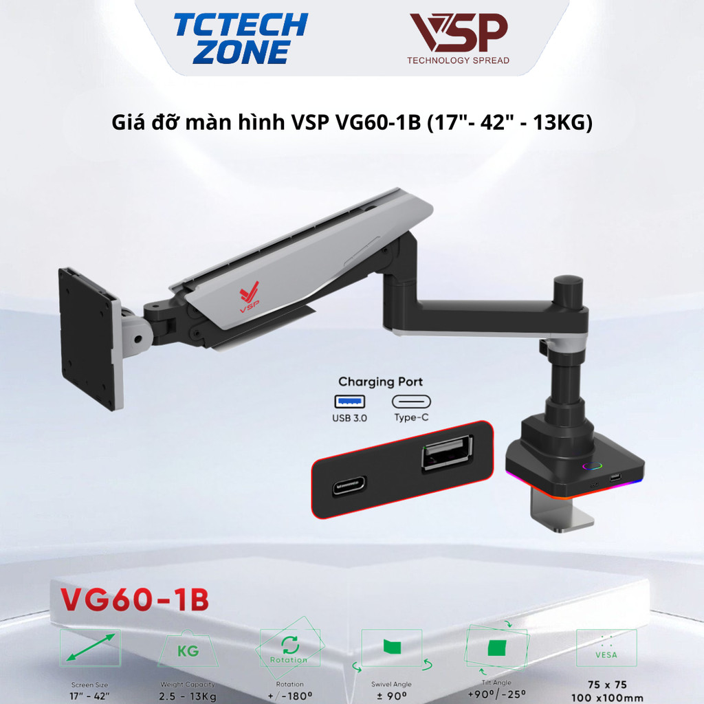 Giá đỡ màn hình, Arm treo màn hình VSP VG60-1B tương thích màn hình 17"- 42" , Tải 13KG có LED RGB C