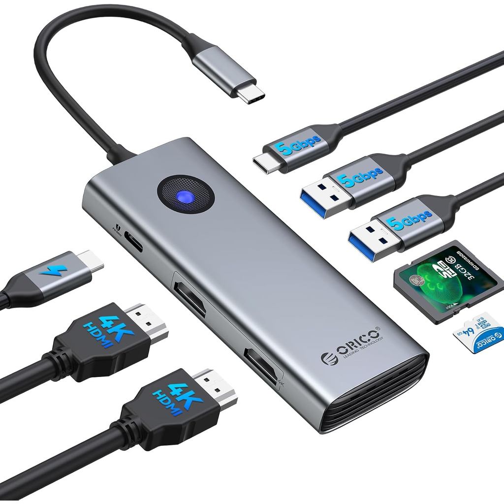 ORICO USB C Docking Station Màn hình kép, Trạm gắn máy tính xách tay 8 trong 1 với 2 HDMI 4K @ 60Hz,
