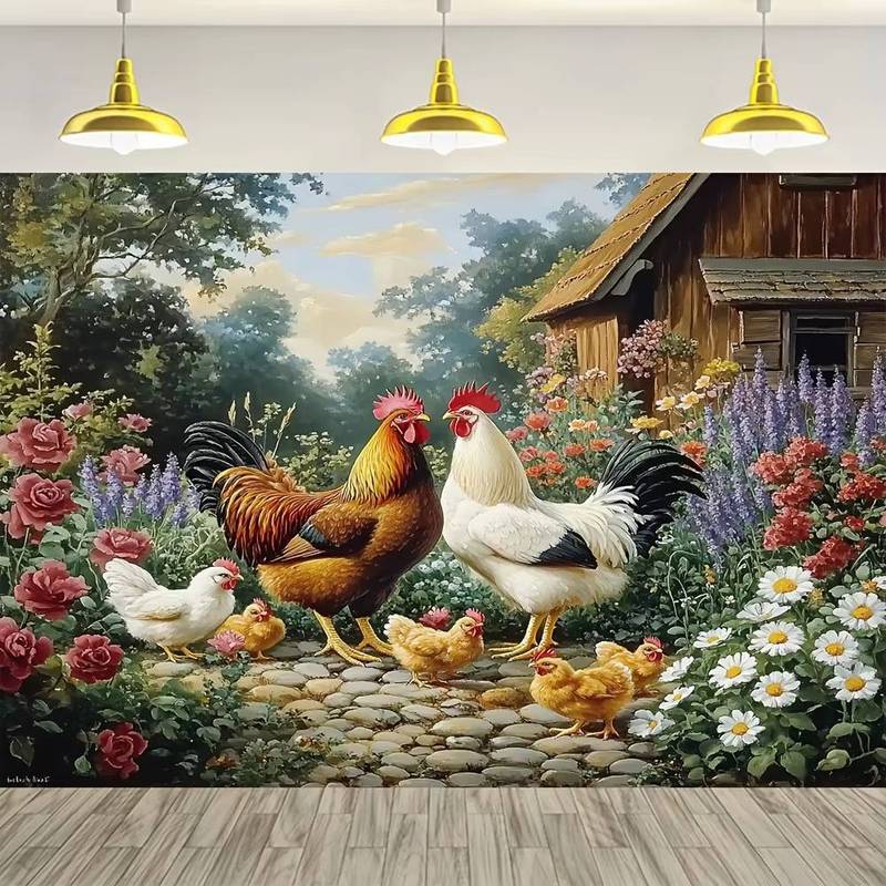 Farmyard Chickens And Flowers No Frame Canvas Painting Tapestry Wall Hanging Art Decor Rustic Garden