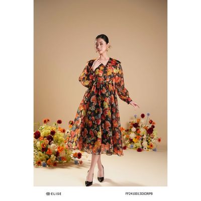 Đầm tơ hoa nền đen cổ queen thiết kế Elise FF2410013DIORPB