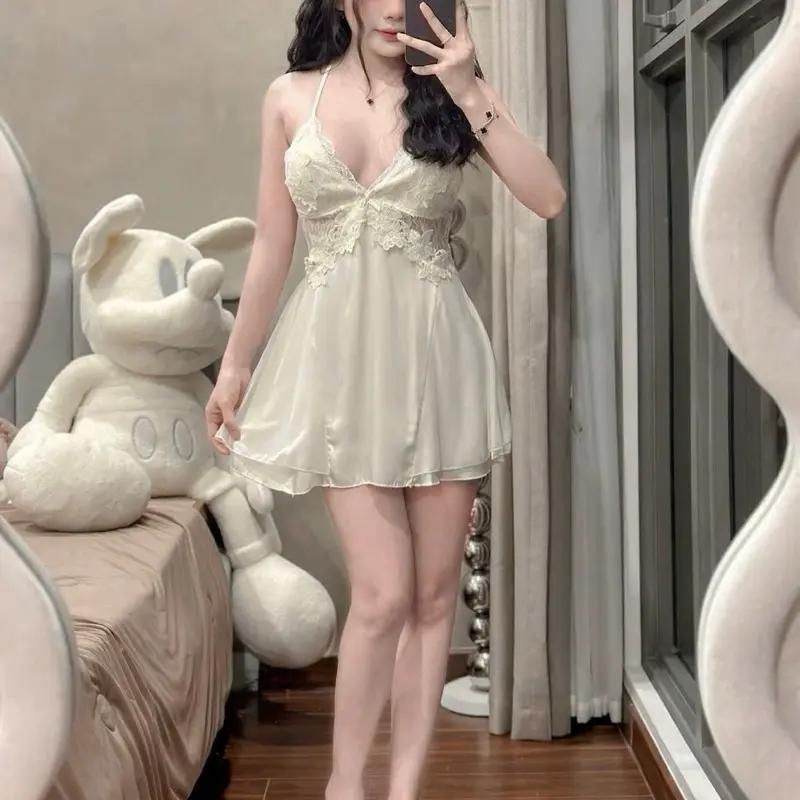 M134 Váy Ngủ Lụa Phối Ren Mềm Tiểu Thư Có Mút Ngực