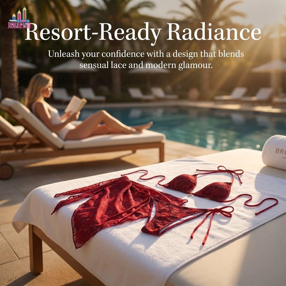 JESJELIU Bộ Bikini Brazil Gợi Cảm, Bao Váy Lưới Đồ Bơi Ba Mảnh, Dây Nylon Ren Đỏ Bikini Tắm