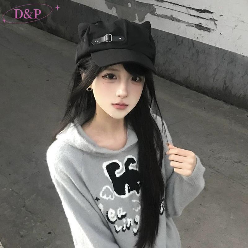 Tai Mèo Cô Đơn Gothic Gothic Gothic Gothic Gothic Beret Y2K Steampunk Punk Dây Kéo Mũ Handmade VN