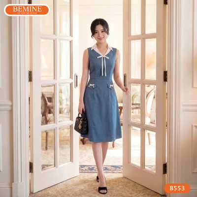 Đầm thiết kế BEMINE cổ sơ mi sát nách đính nơ dáng chữ A phù hợp đi làm-B553