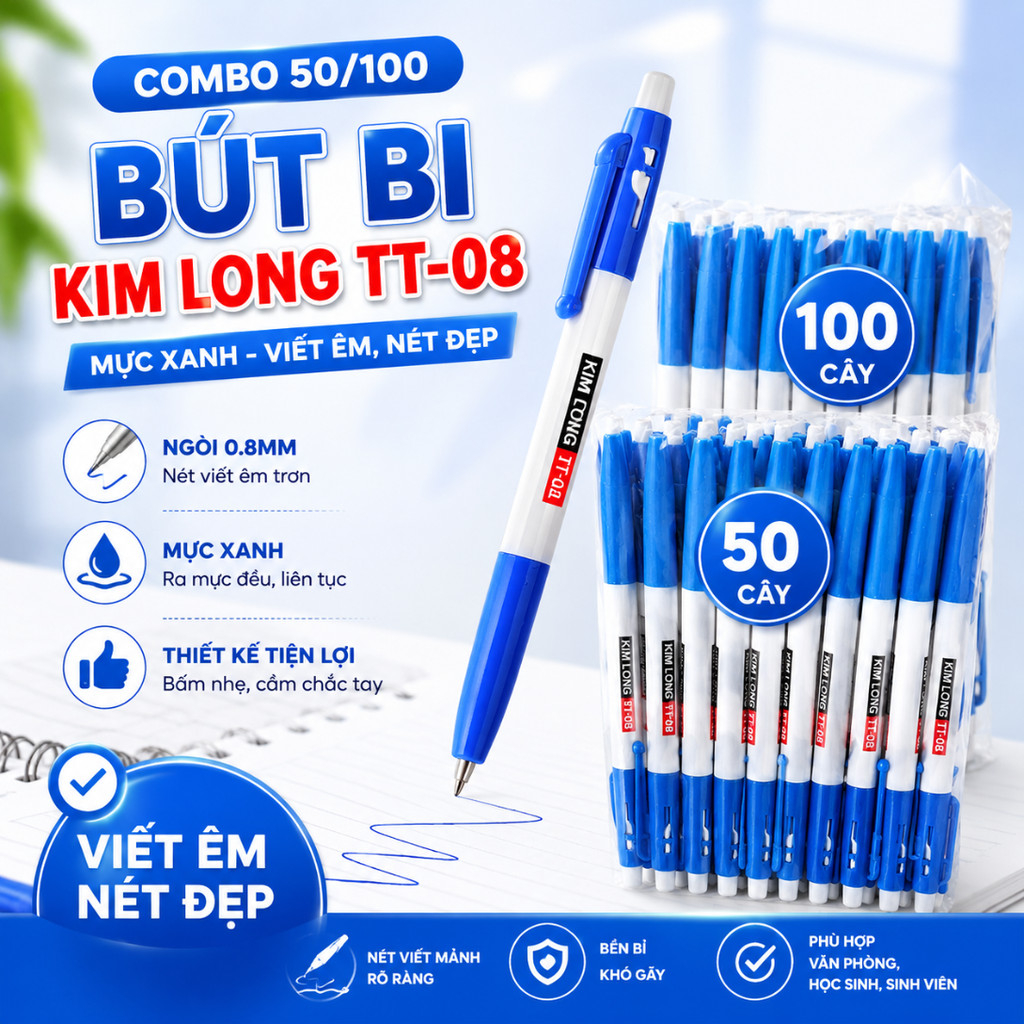 Combo 50/100 bút bi mực xanh Kim Long TT-08 - bút kim long - bút bi mực xanh - bút bi ngòi 0.8mm