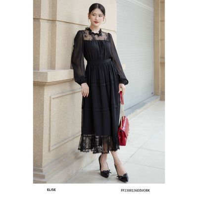 Đầm chiffon đen phối ren xếp mí tầng thiết kế Elise FF2308136DIWOBK