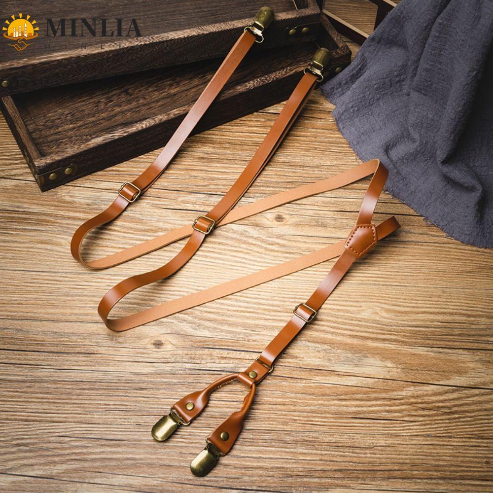 MINLIA Suspenders dành cho nam, dây da đen 1.5cm, kẹp kim loại phong cách Anh đơn giản chống trơn tr