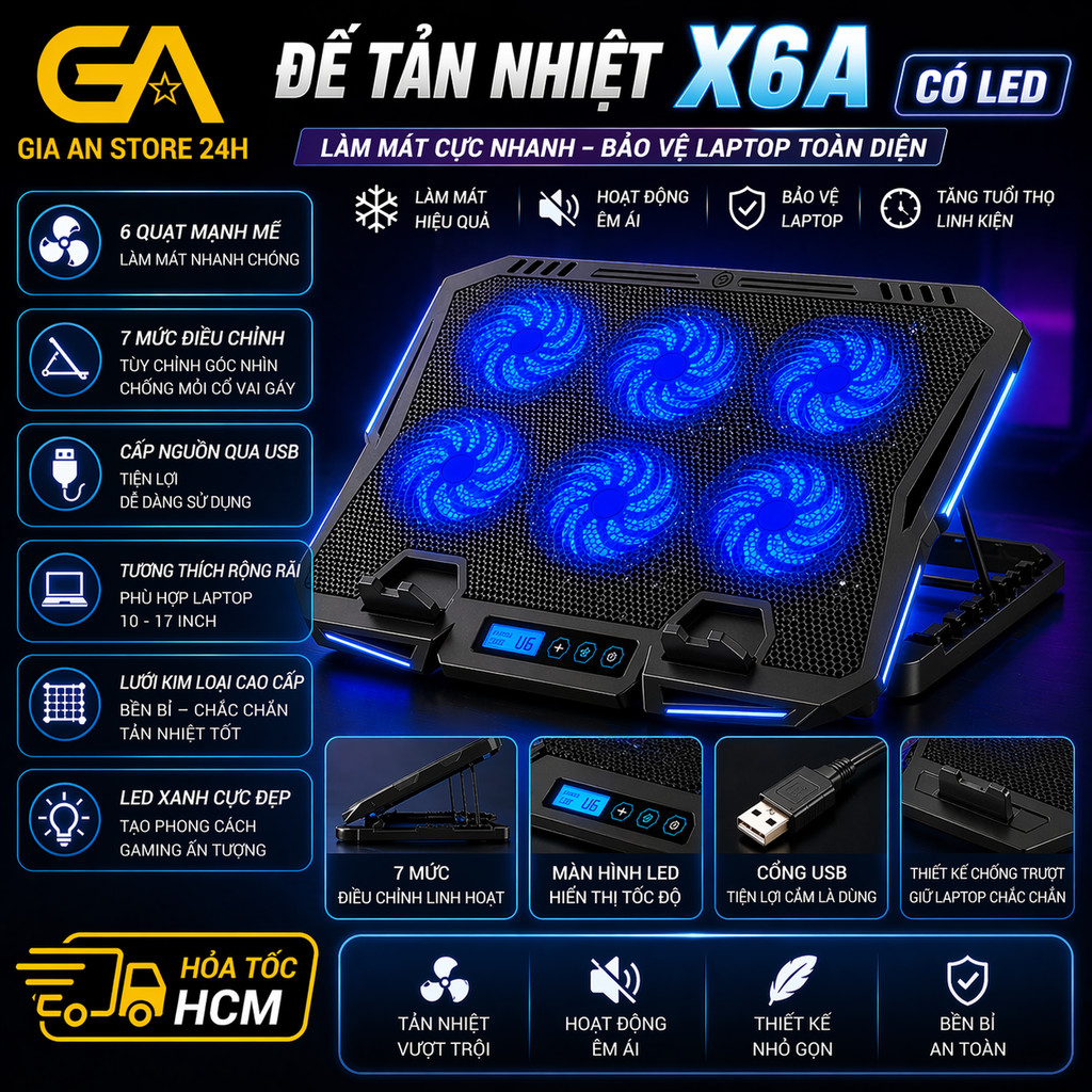 Đế Tản Nhiệt 6 Fan Cooler X6A (6*Fan 7cm), Có LCD Điều Khiển 6 Cấp Độ Gió Mạnh Mẽ Thiết Kế Chuẩn Gam