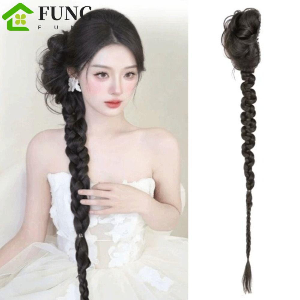 FUNG Twist Braids Bun Tóc giả, Claw Clip Headband Bím dài Buns Hairpiece, Elegant Fluffy Side-Tied S