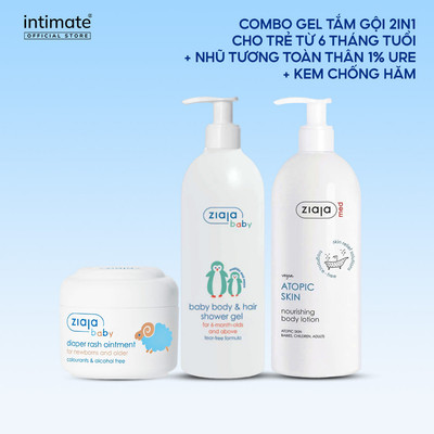 Combo Gel Tắm Gội 2in1 Ziaja Baby 400ml Và Nhũ Tương 1% Urê Ziaja Med 400ml Và Kem Chống Hăm Ziaja Baby 50ml