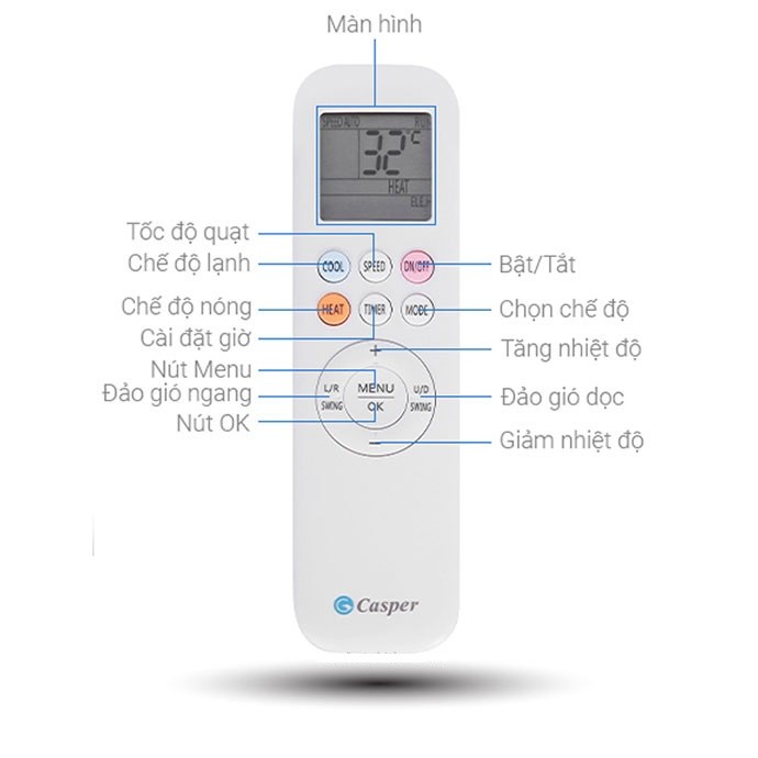 Điều khiển điều hòa Casper có 3 nút xanh cam tím dành cho 1 hay 2 chiều cho mùa hè mát lạnh