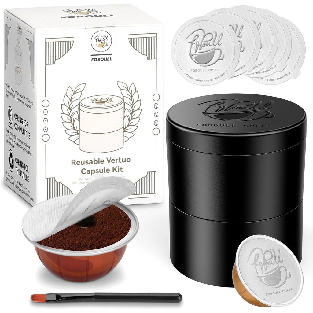 Bộ dụng cụ tái sử dụng cho Nespresso Pods Vertuo, 50 chiếc Nắp niêm phong lá nhôm, Bao gồm giá đỡ & 