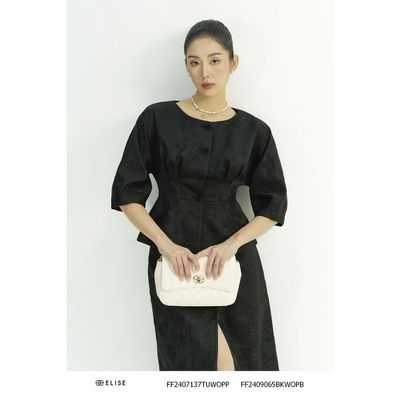 Áo vest gấm đen HT lá peplum tay liền thiết kế Elise FF2407137TUWOPP