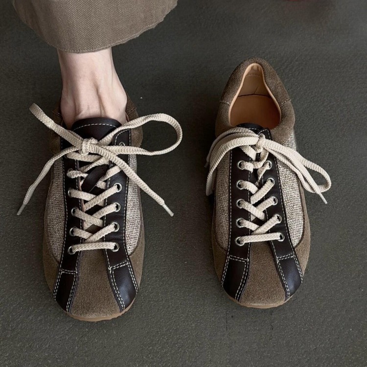 Sheepskin Version~Retro round-toe color-blocked flat-soled German training shoes, versatile lace-up 