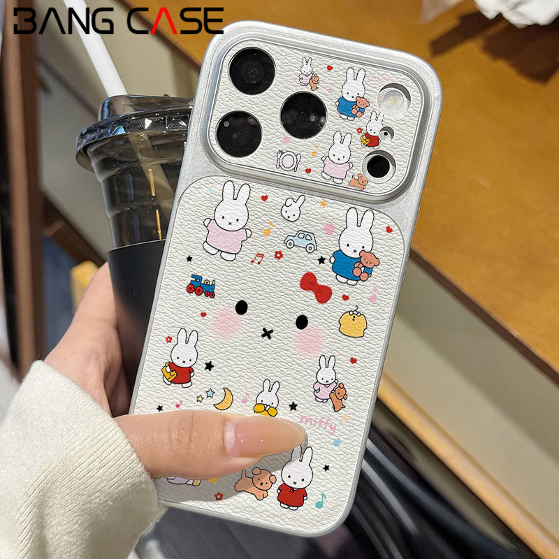 Leather Texture Electroplated Phone Case for IPhone 17 16 15 14 13 12 11 Pro Max Xs Max Rabbit Miffy