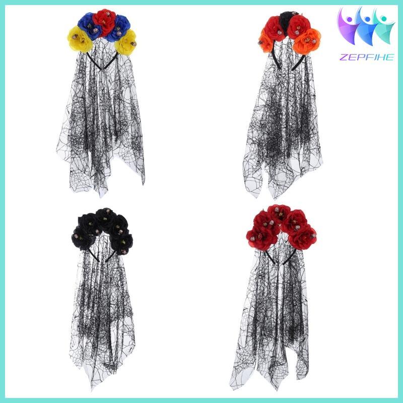 Nio Gothic Đầu Lâu Đầu Lâu Goth Hoa Vương Miện Dành Cho Nữ Goth Nhện Veil Halloween Băng Đô Ngày Của