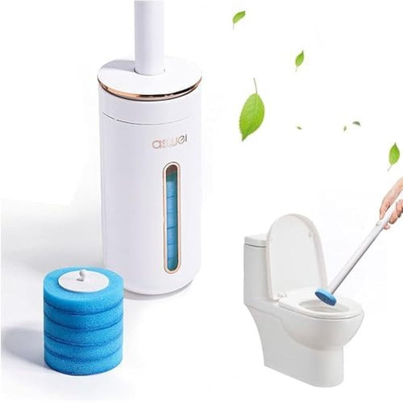 Longhzuo Disposable Toilet Brush with Holder, 8 Refills, Touchless Toilet Bowl Brush, for Deep Clean