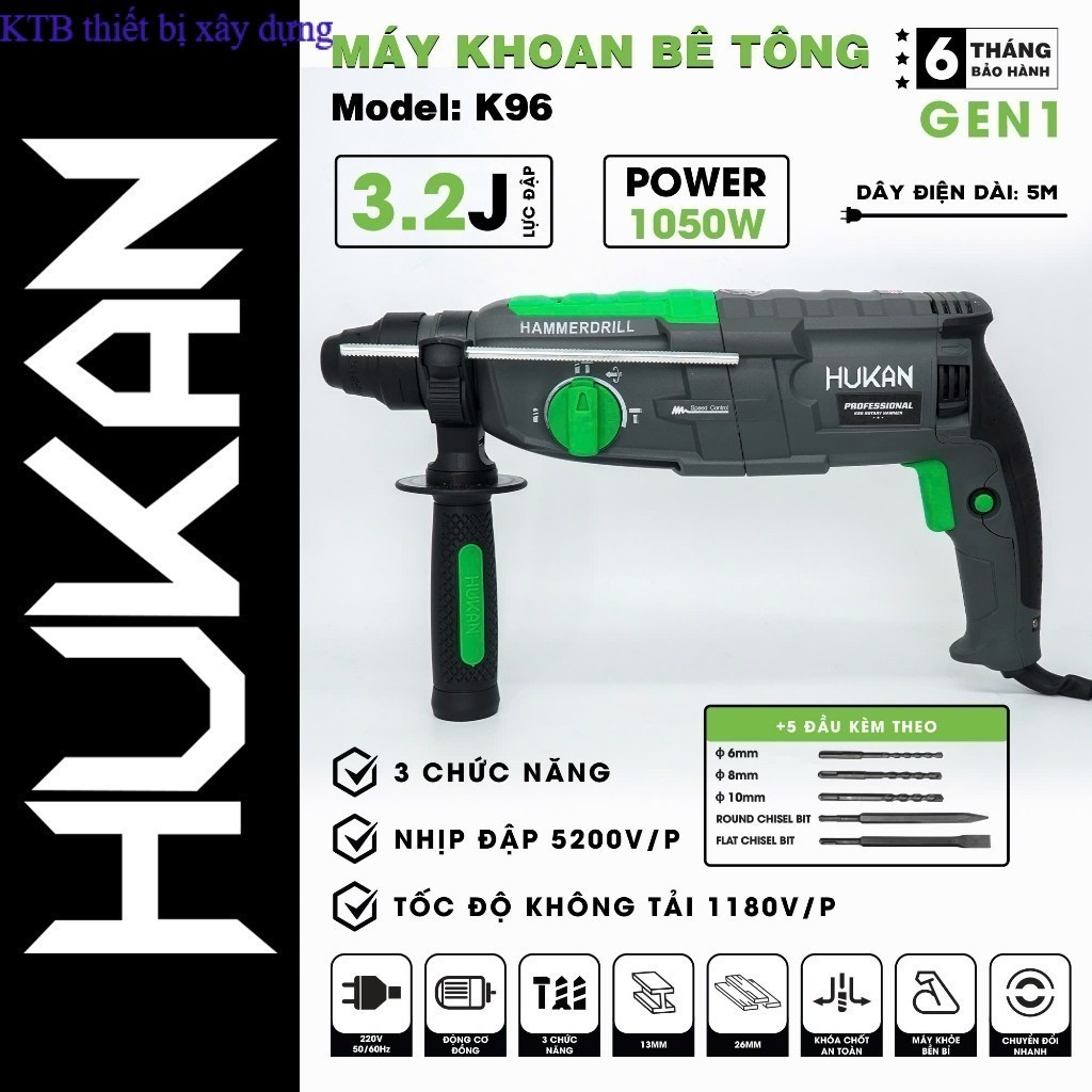 Máy khoan đục bê tông HUKAN K96, 3 Chức năng, Công suất 1050W, Tặng Bộ 5 Mũi khoan G kbt xây dựng