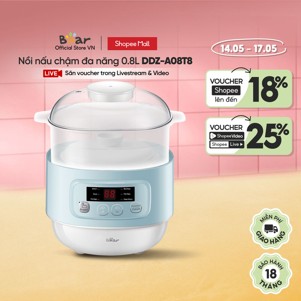 [Livestream] Nồi nấu chậm đa năng 0.8L Bear DDZ-A08T8 - Hàng chính hãng