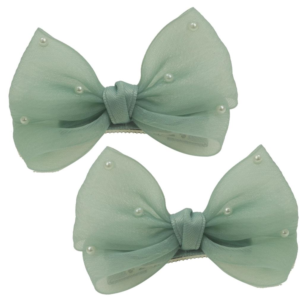 Kẹp tóc nơ xanh nhạt Nihao Baby Pearl cho bé gái - 2 chiếc