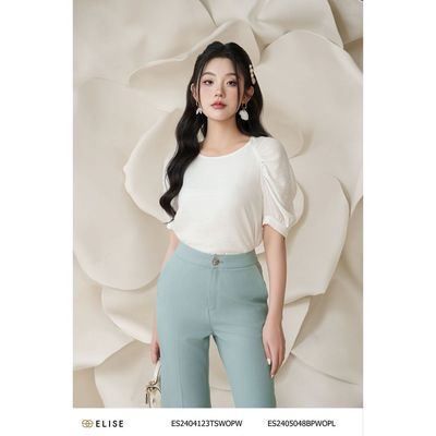 Áo thô đũi kẻ trắng nhún vai thiết kế Elise ES2404123TSWOPW