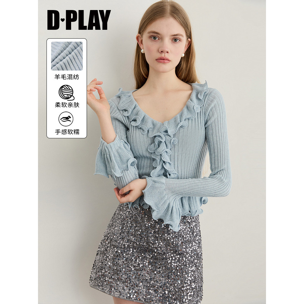 DPLAY2026 Mùa Xuân Xanh Dệt Kim Nữ Pháp Xù Dài Tay Dệt Kim Cardigan Mỏng Áo Top