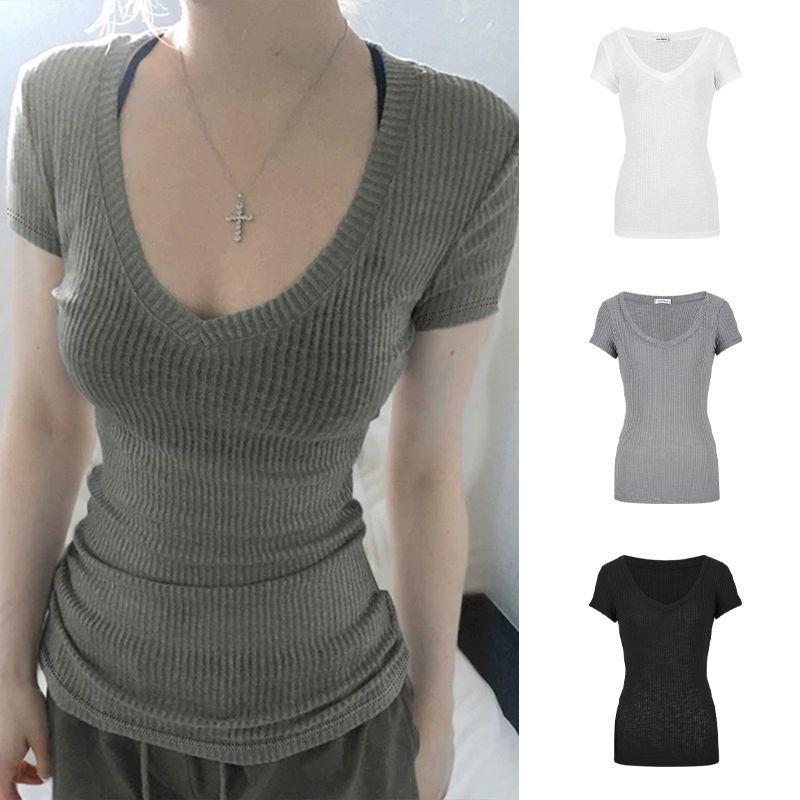 Moses Queen Pure Desire Áo Thun Ngắn Tay Cổ Chữ V Trong Suốt Dáng Ôm Nhẹ