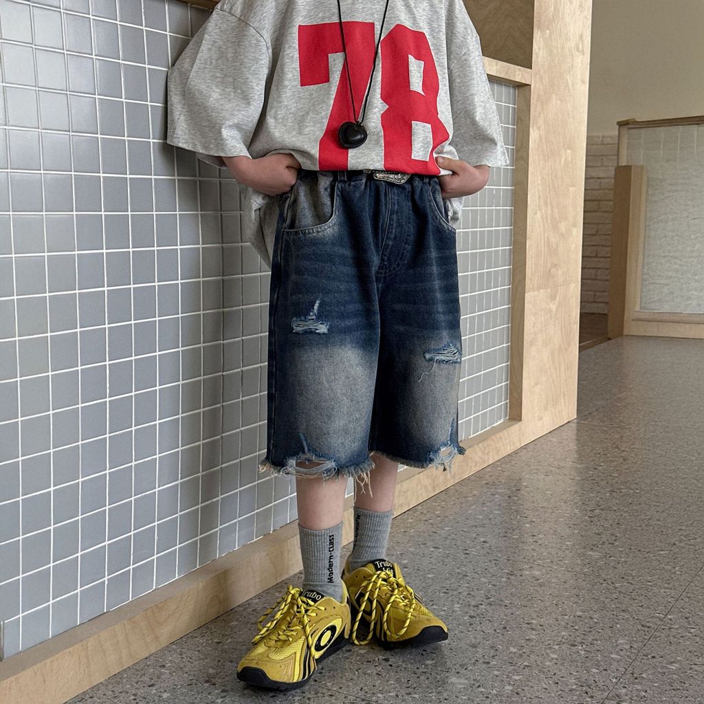 LK5C Boys' denim shorts, summer thin style, new trendy children's mid-length pants, boys' fashionabl