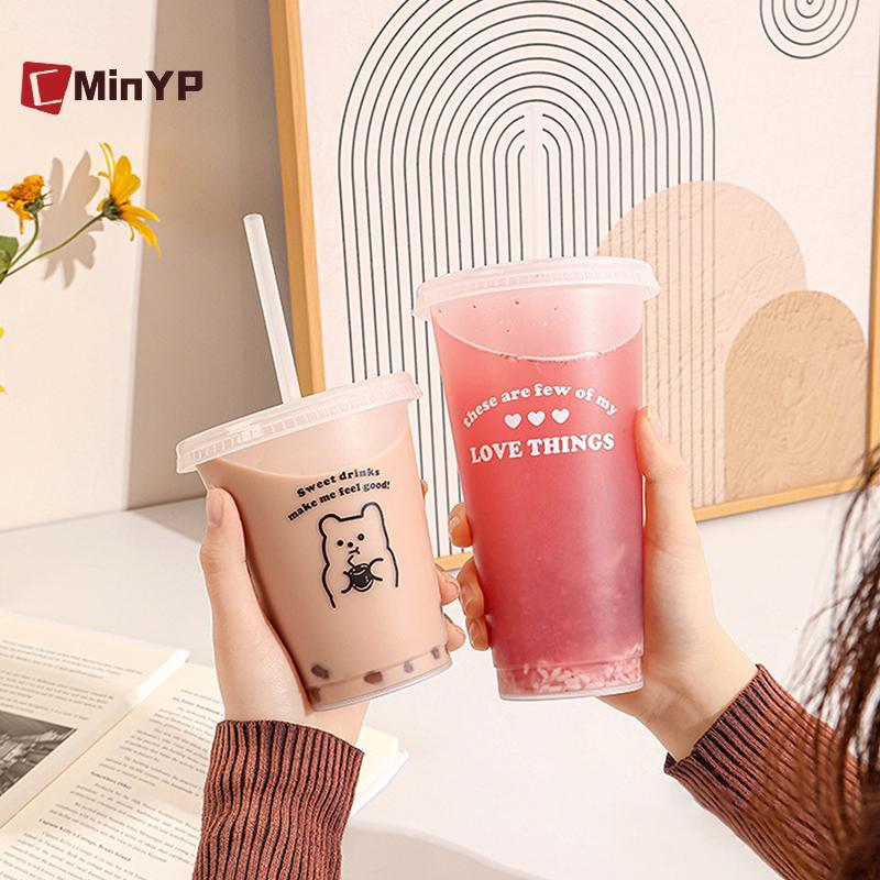 CMinYP Kawaii Bình Nước Cho Cà Phê Nước ép Trà Sữa Nhựa Dễ Thương Lạnh Có Nắp Ống Hút Di Động Có Thể