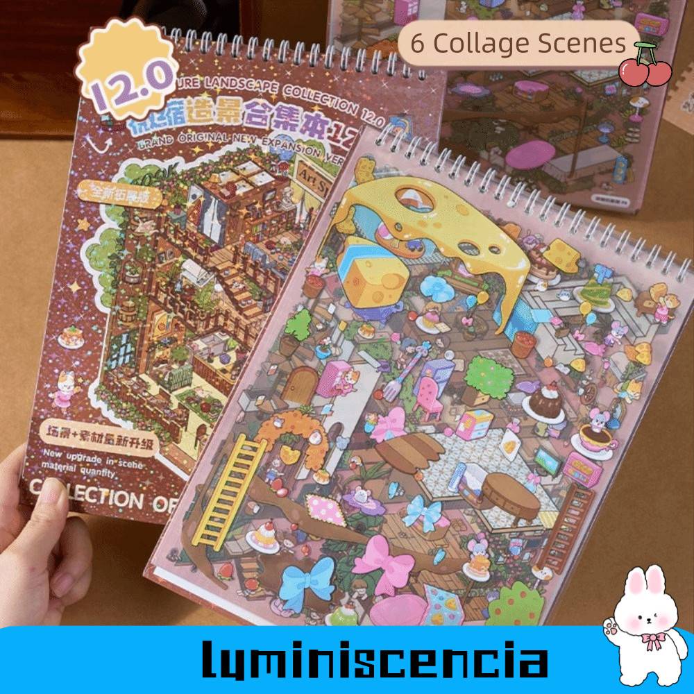LUMINISCENCIA Bộ sưu tập cảnh thu nhỏ, Phim hoạt hình DIY Phong cảnh Sticker Book, PET Visual Stacki