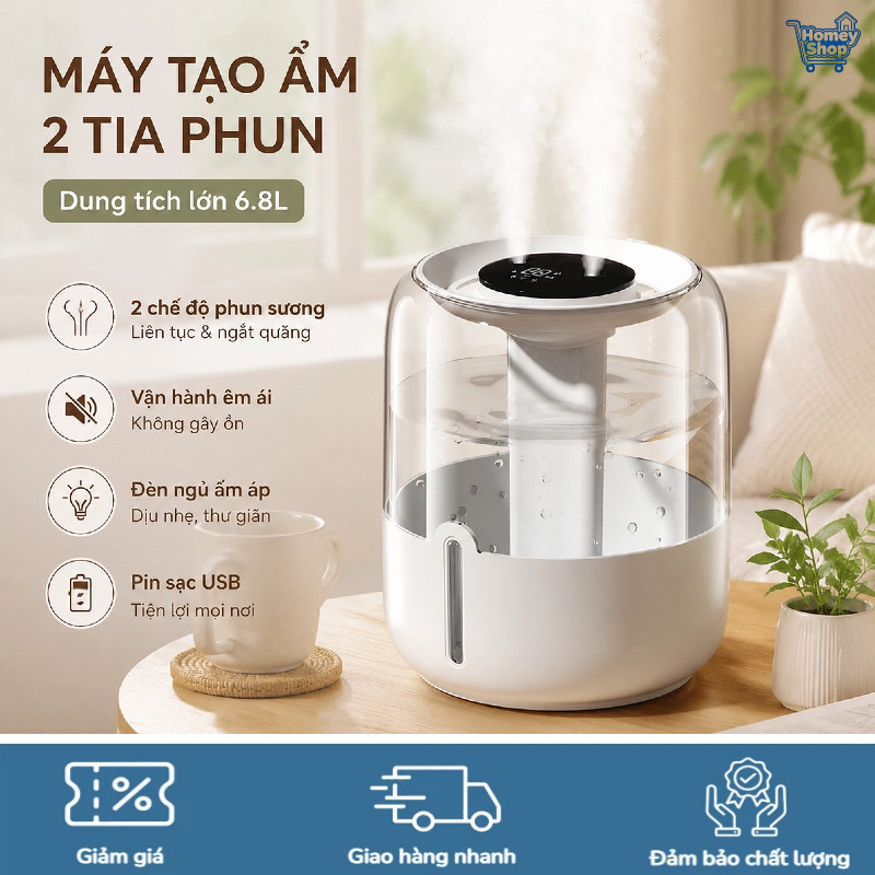 HomeyShop-Máy tạo độ ẩm phun sương kép, màn hình LED,Có đèn ngủ,êm, ngủ, phòng ngủ,USB,dung tích lớn