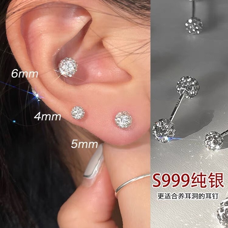 S999 bạc lấp lánh tai hạt vỡ kim cương s999
